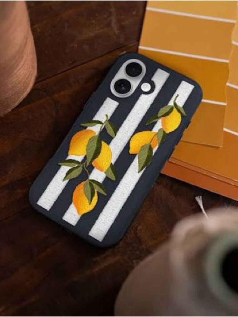 Otterbox Cactus Leather Desserto Striped Lemon iPhone 16 Case Navy Yellow NEW